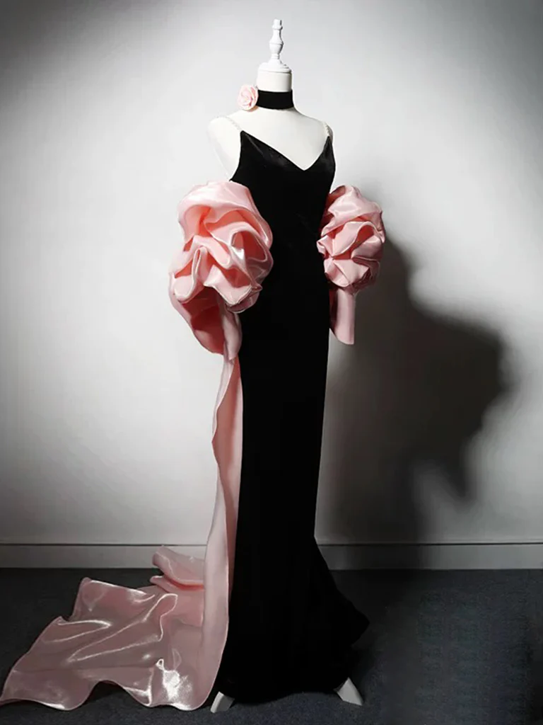 Mermaid V Neck Velvet Black Long Prom Dress, Black Velvet Party Dress - Deanwangkt