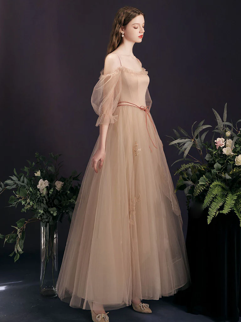 Champagne Tulle A-Line Long Prom Dress, Champagne Formal Dress - Deanwangkt