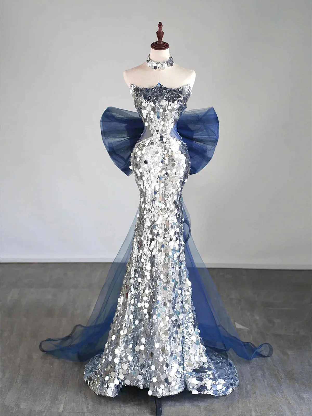 Simple Mermaid Tulle Sequin Blue/Silver Long Prom Dress, Blue/Silver Long Party Dress - Deanwangkt