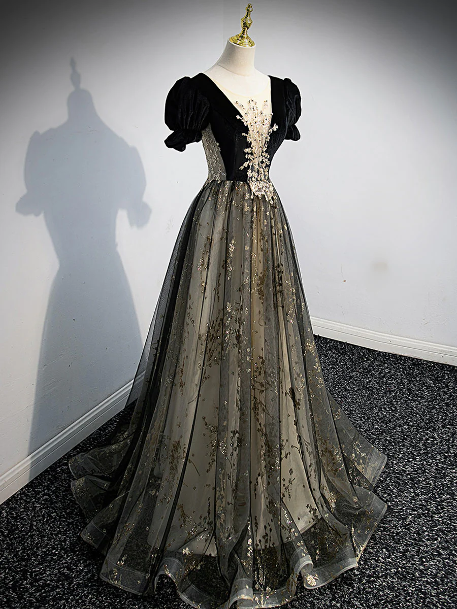 A line Velvet Tulle Lace Black Long Prom Dress, Black Formal Graduation Dresses - Deanwangkt