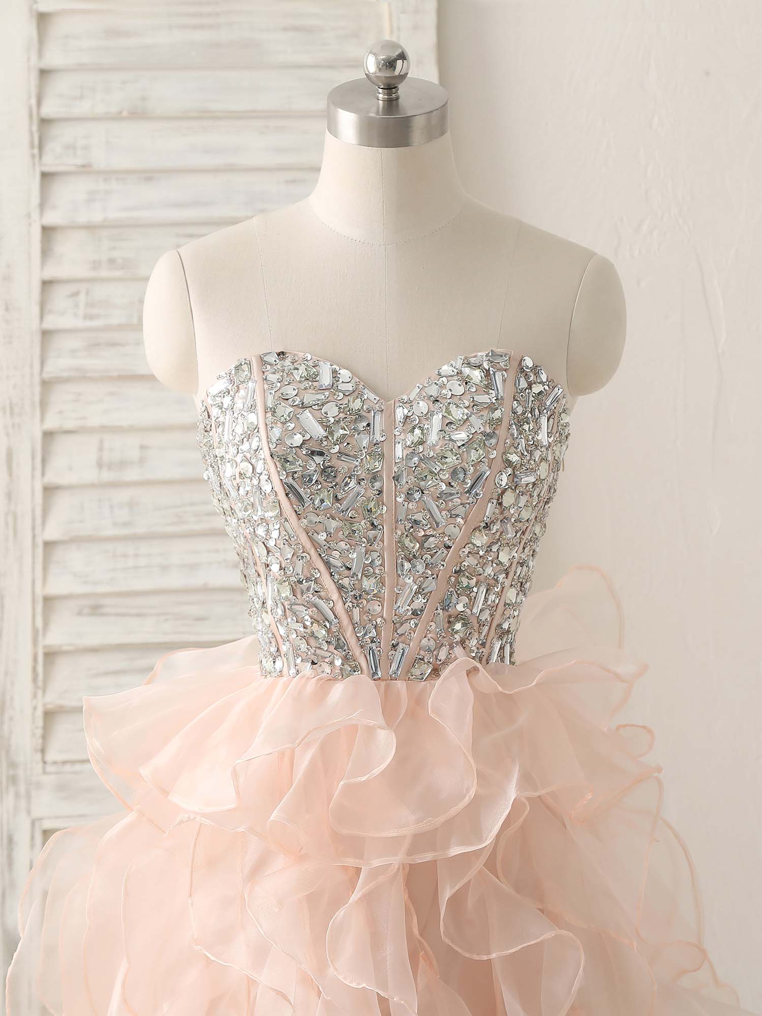 Pink Sweetheart Neck Rhinestones Organza Prom Dress Pink Homecoming Dresses - Deanwangkt