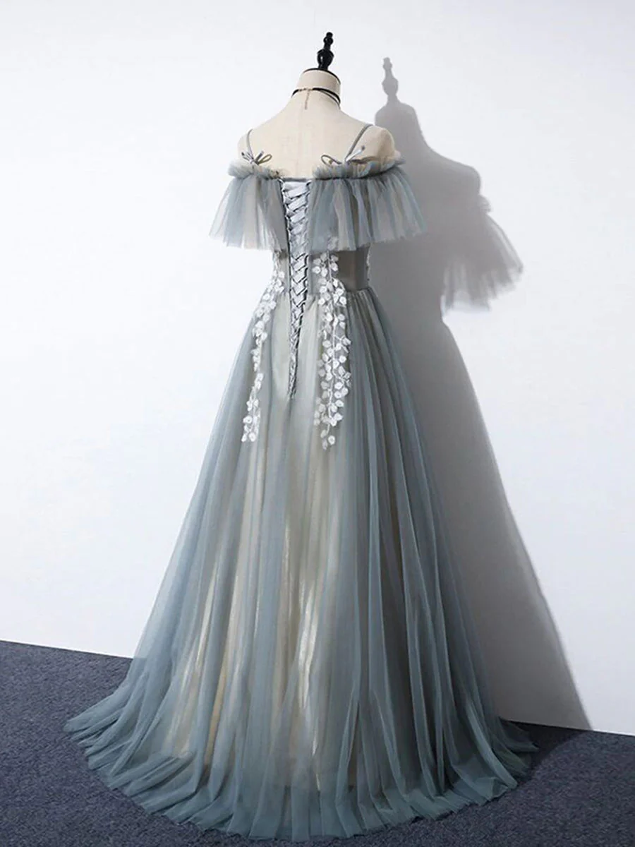 Gray Blue A line Tulle Lace Long Prom Dress, Gray Blue Graduation Dresses - Deanwangkt