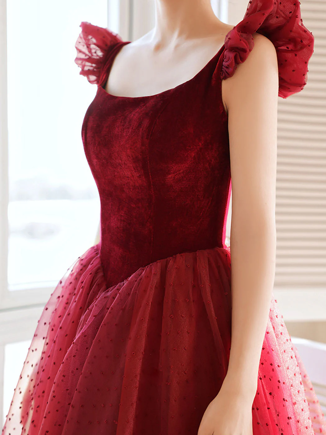 Burgundy Aline Tea Length Prom Dresses, Burgundy Formal Dress With Velvet - Deanwangkt