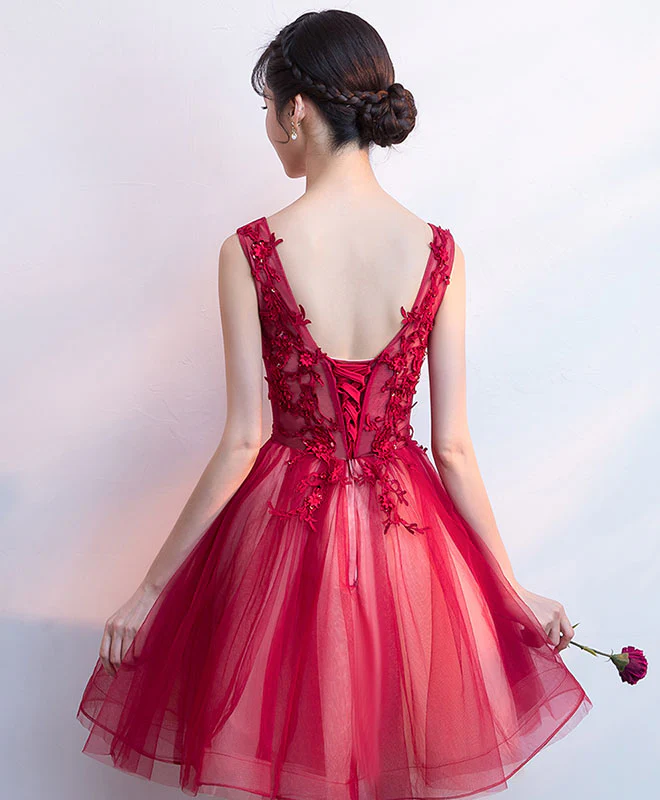 Burgundy V Neck Tulle Lace Short Prom Dress, Burgundy Homecoming Dress - Deanwangkt