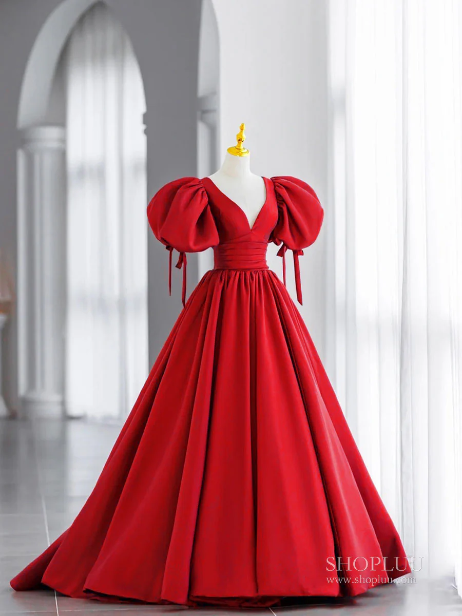 Simple V Neck Puffy Sleeves Satin Long Prom Dress, Satin Evening Dress - Deanwangkt