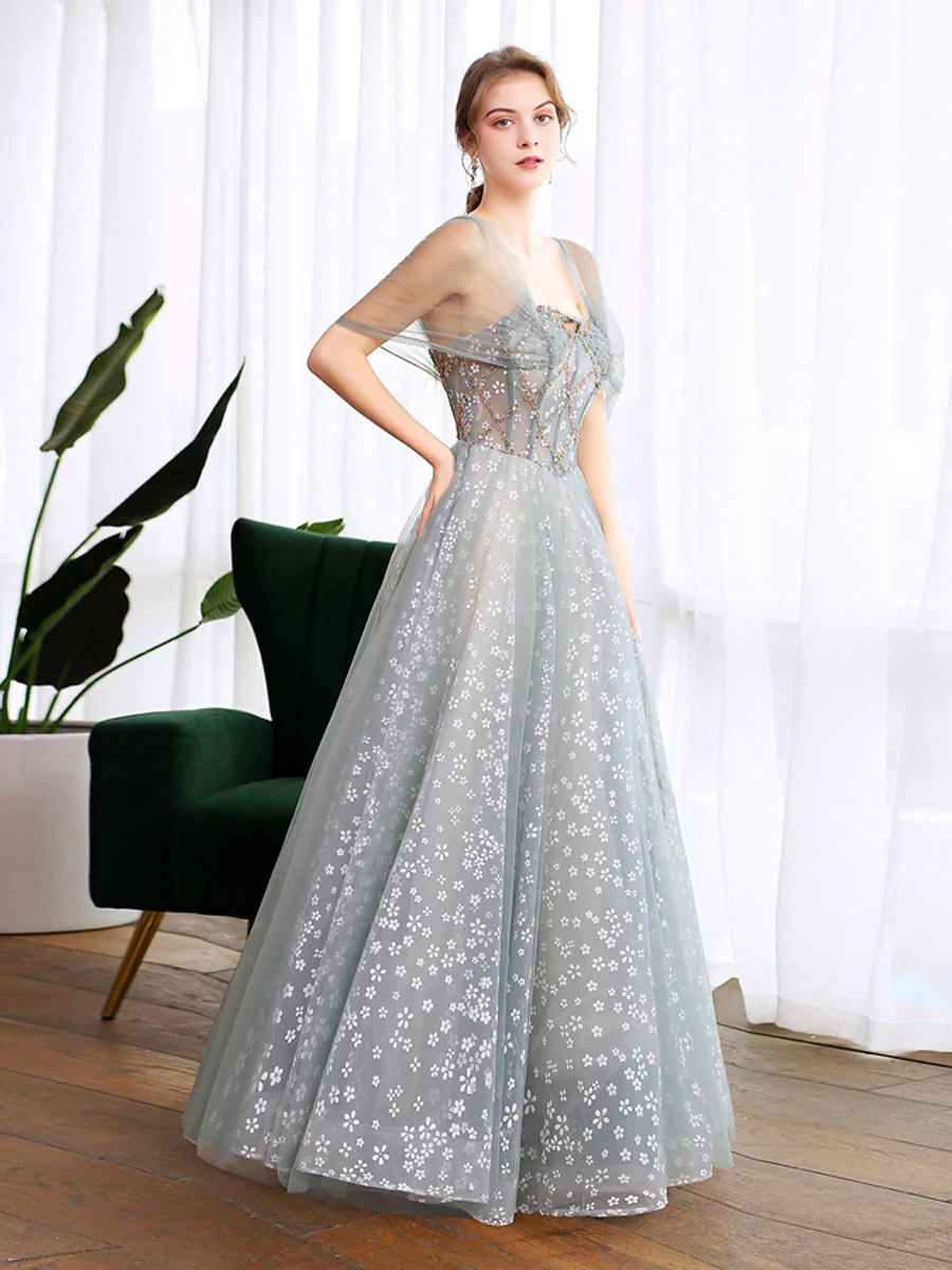 Gray Blue Tulle Lace Long Prom Dress, Gray Blue Evening Dress - Deanwangkt