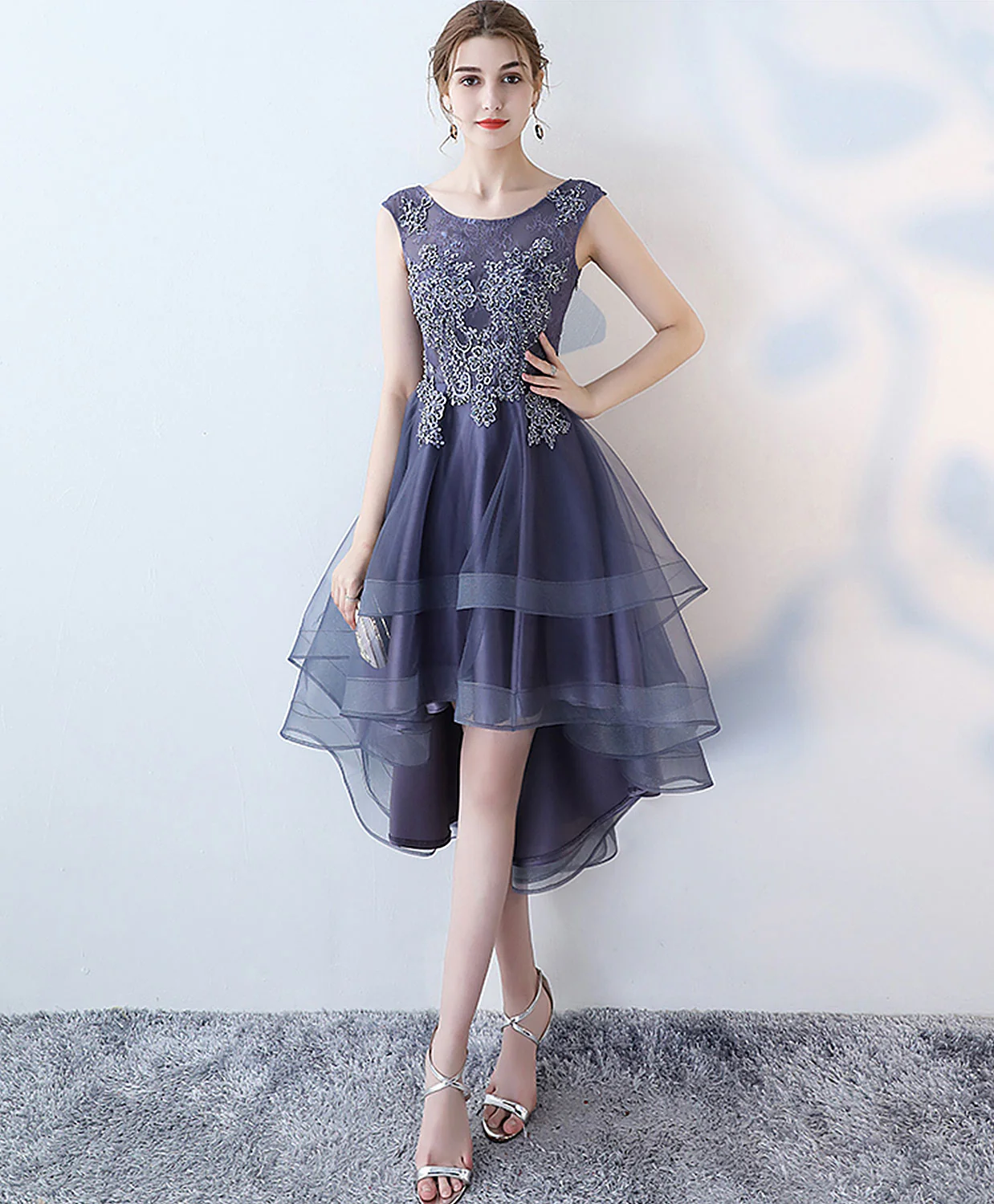 Purple Round Neck lace Tulle High Low Prom Dress, Homecoming Dress - Deanwangkt