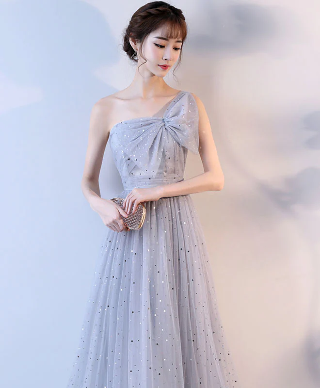 Cute Gray One Shoulder Long Prom Dress, Evening Dress - Deanwangkt