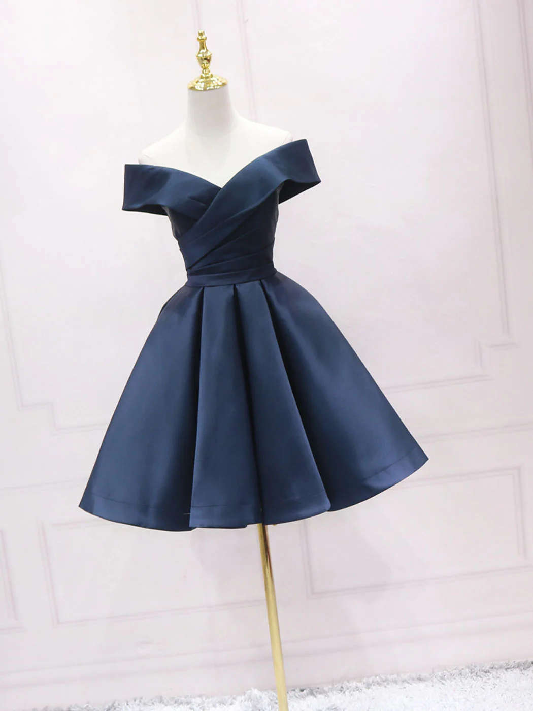 Simple Off Shoulder Satin Dark Blue Short Prom Dress, Blue Homecoming Dress - Deanwangkt