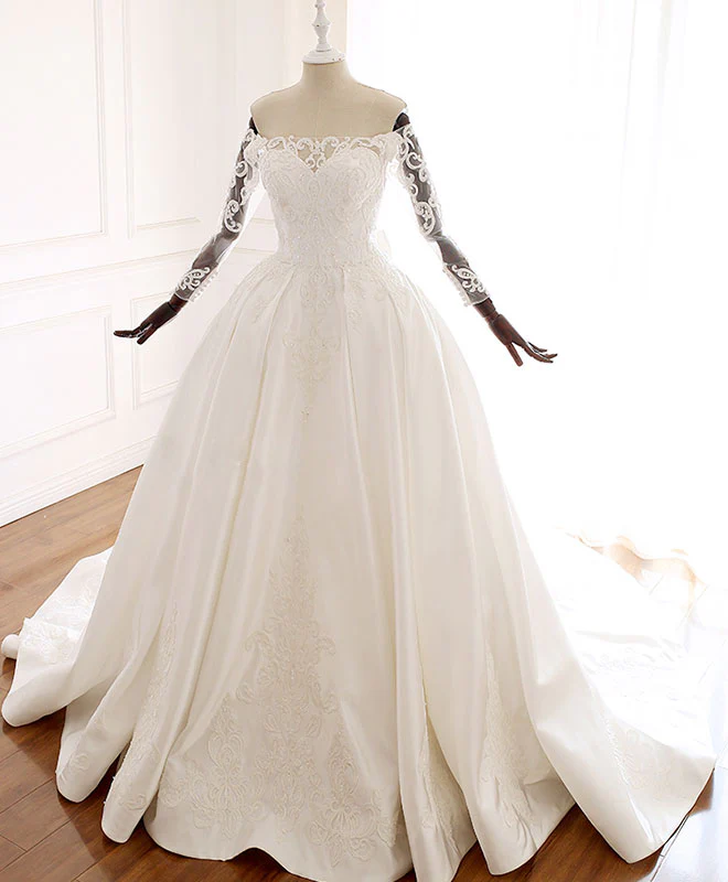 White Lace Satin Long Wedding Dress, Lace Satin Long Bridal Gown - Deanwangkt