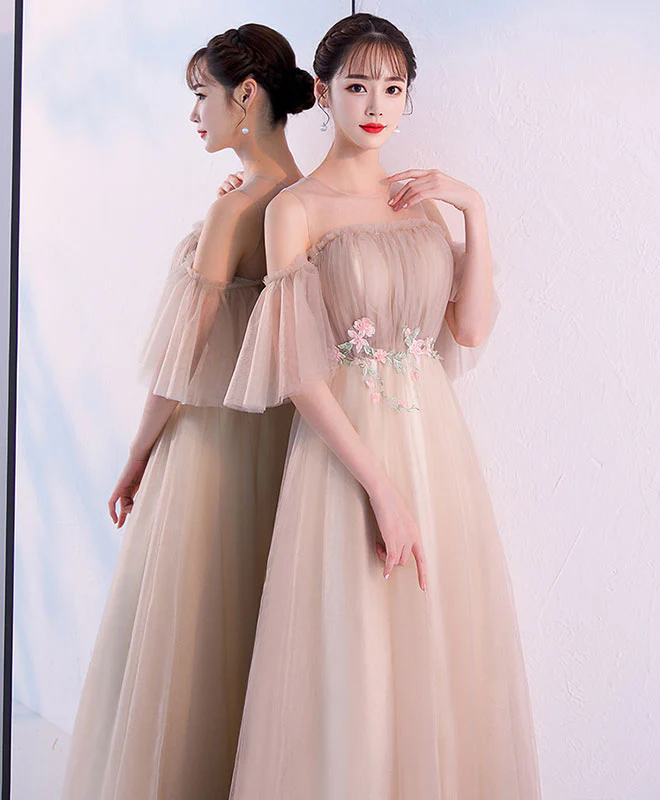 Champagne Round Neck Tulle Long Prom Dress, Champagne Tulle Evening Dress - Deanwangkt