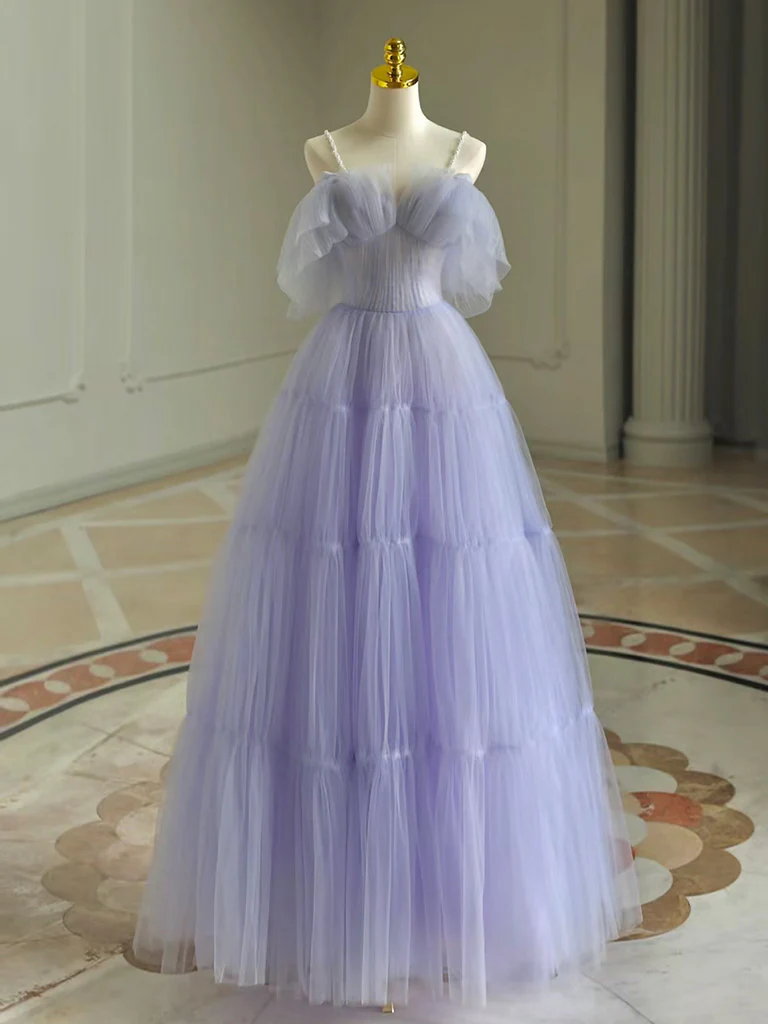 A-Line Tulle Purple Long Prom Dress, Purple Long Graduation Dress - Deanwangkt