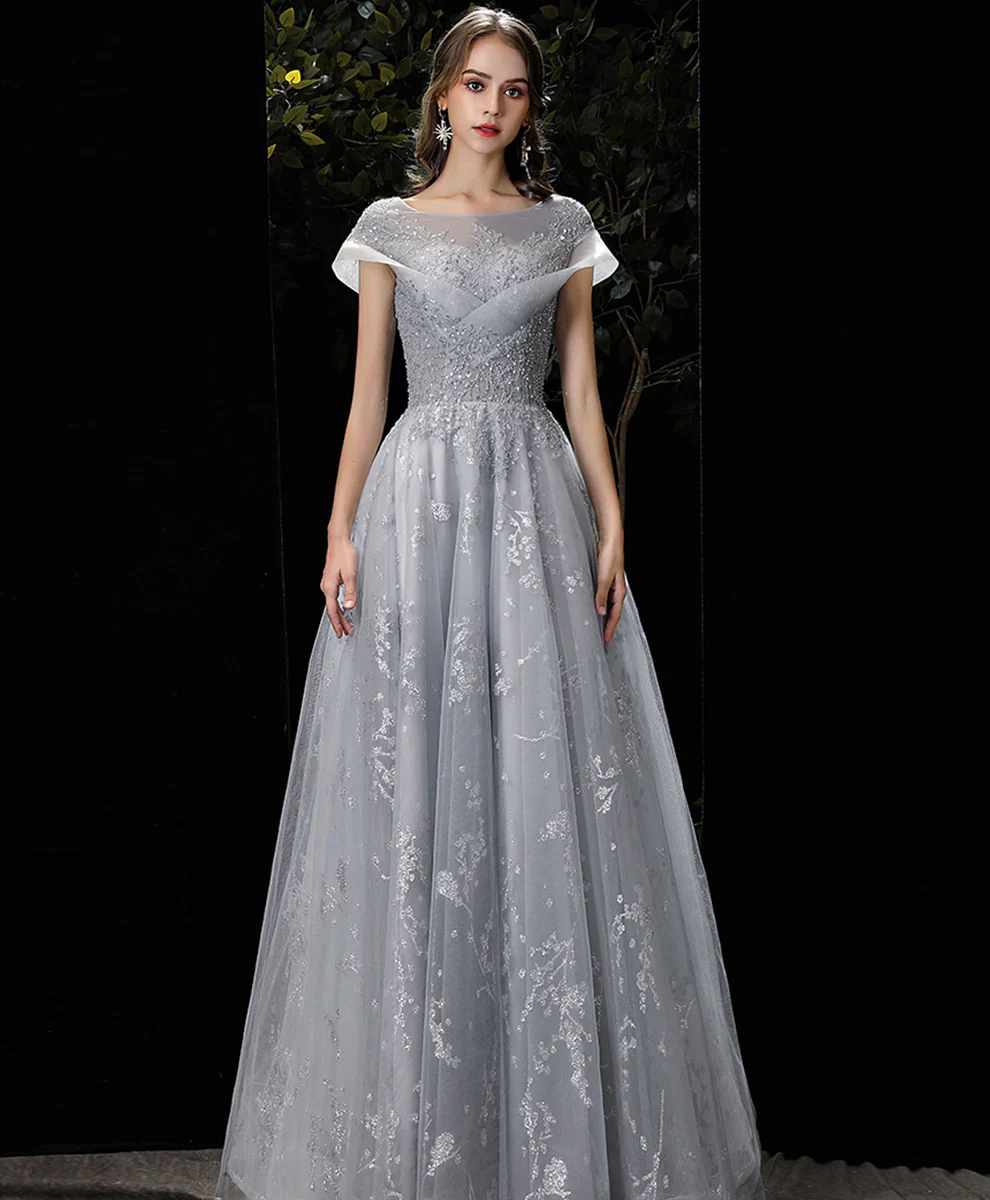 Gray Round Neck Tulle Lace Long Prom Dress Gray Tulle Formal Dress - Deanwangkt