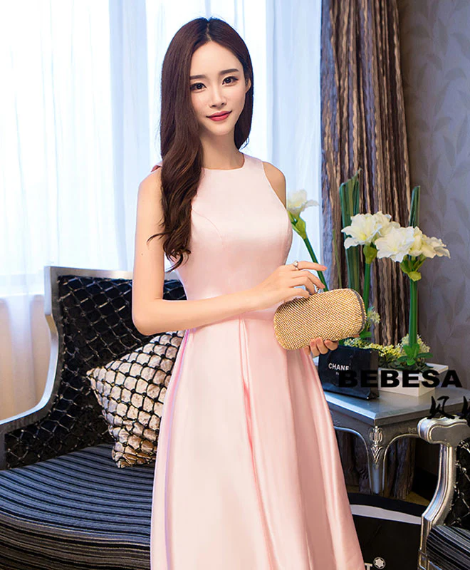 Simple Pink Satin Tea Length Prom Dress, Pink Homecoming Dresses - Deanwangkt
