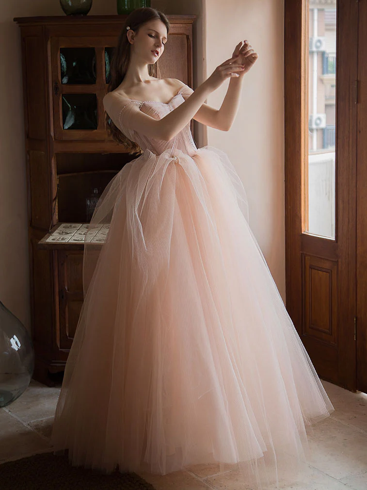 Pink Sweetheart Neck Tulle Long Prom Dress, Pink Evening Dress - Deanwangkt
