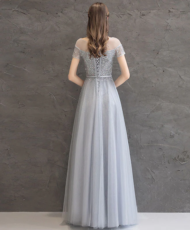 Gray Tulle Sequin Long Prom Dress, Gray Tulle Formal Dress - Deanwangkt