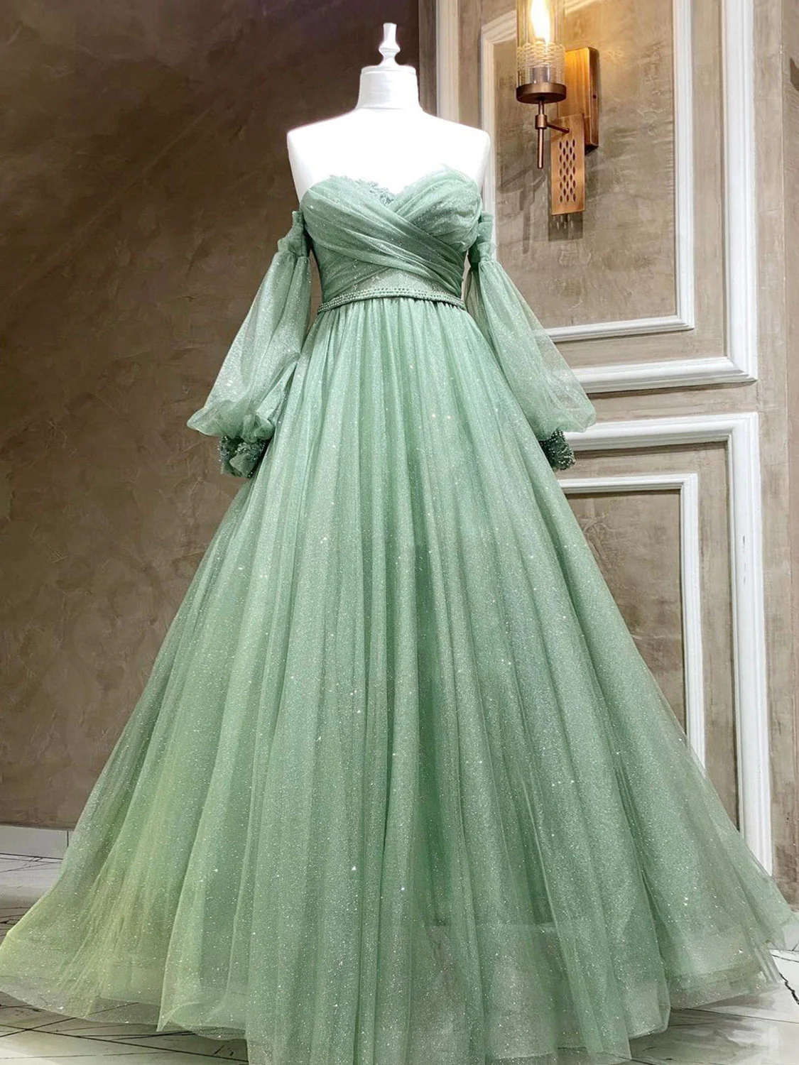 A-Line Sweetheart Neck Tulle Green Long Prom Dress, Green Formal Evening Dress - Deanwangkt
