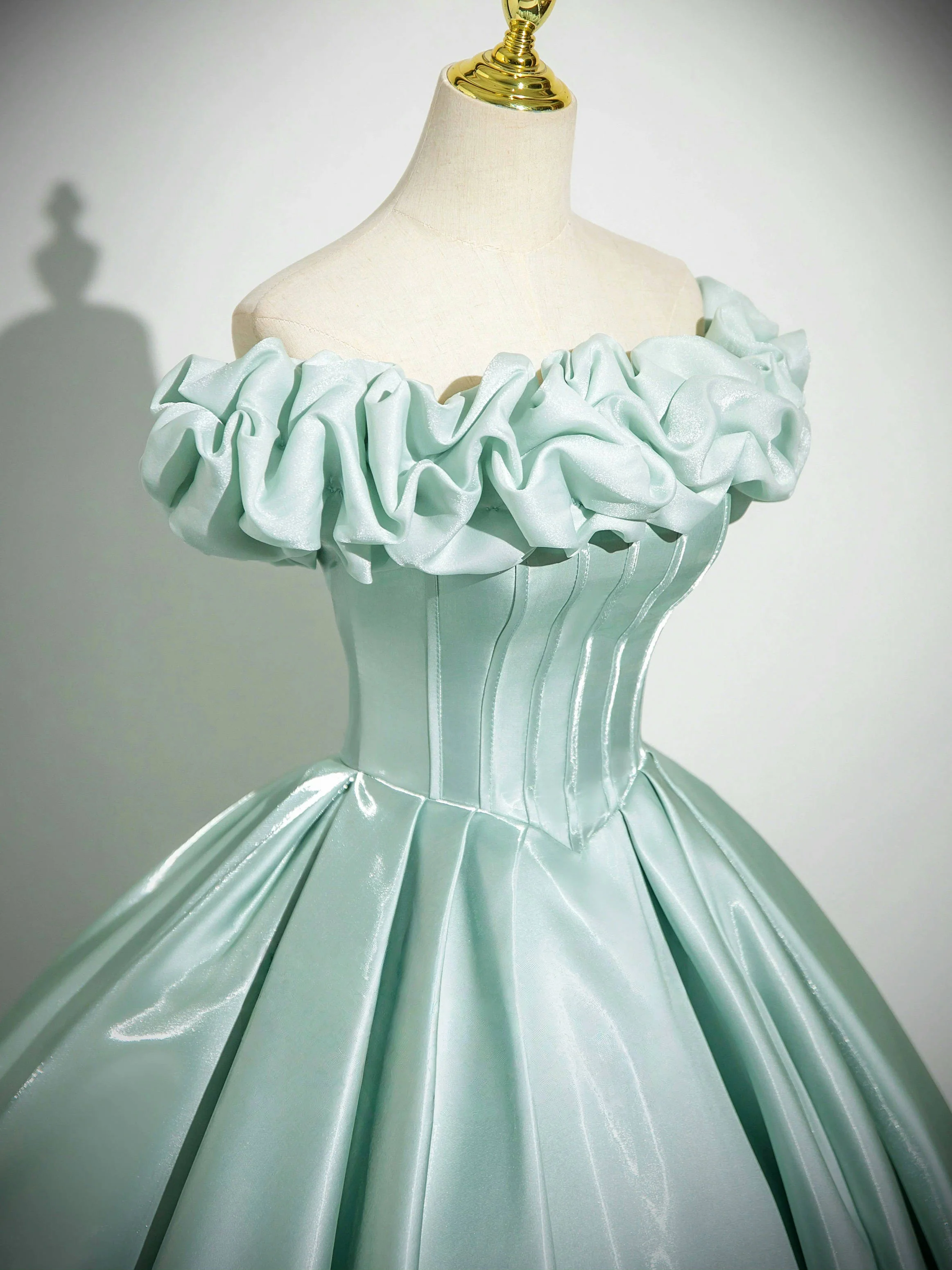 A-Line Off Shoulder Satin Mint Green Long Prom Dress, Mint Green Long Formal Dress - Deanwangkt