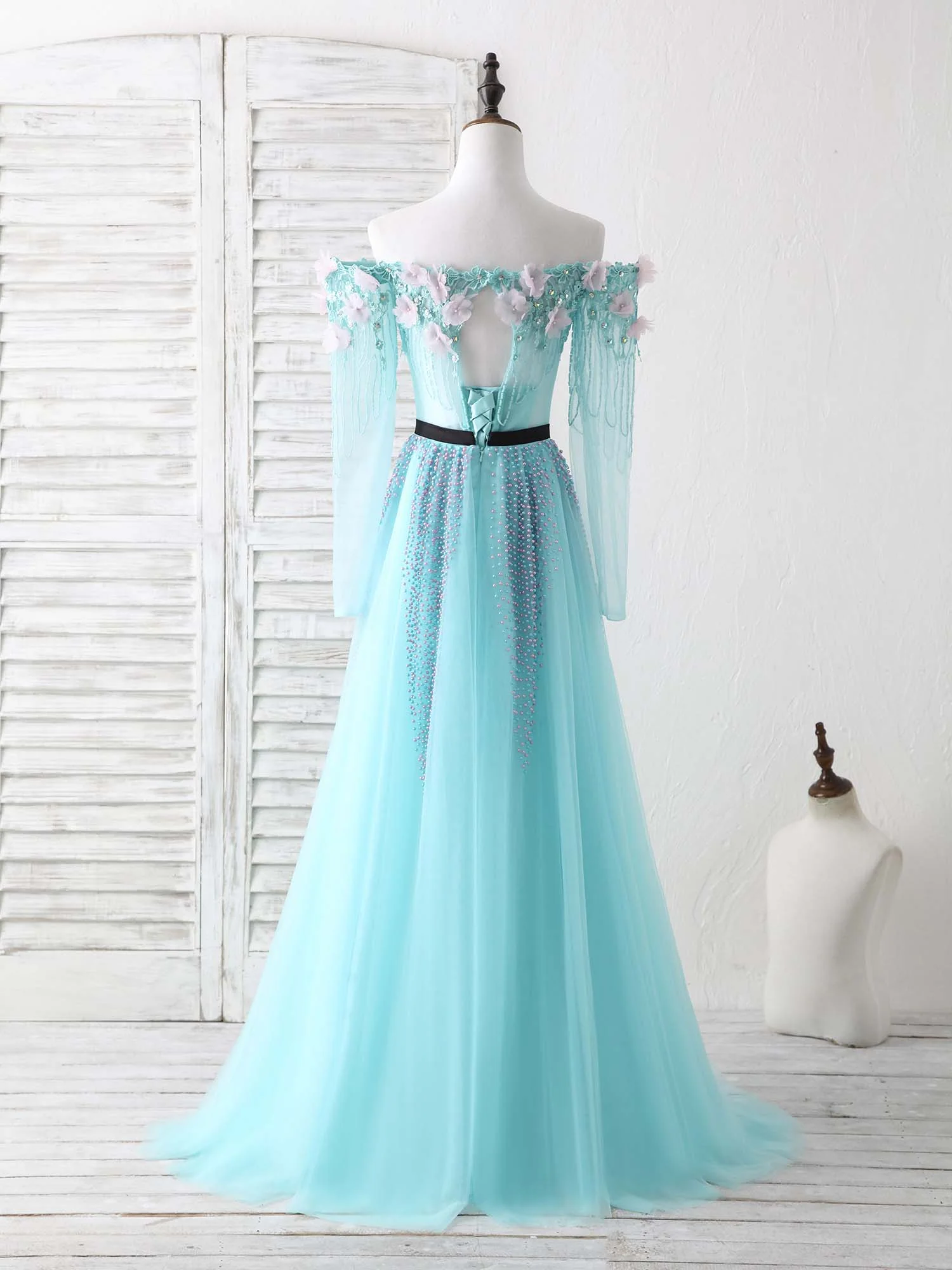 Blue Tulle Beads Long Prom Dress Blue Beads Evening Dress - Deanwangkt