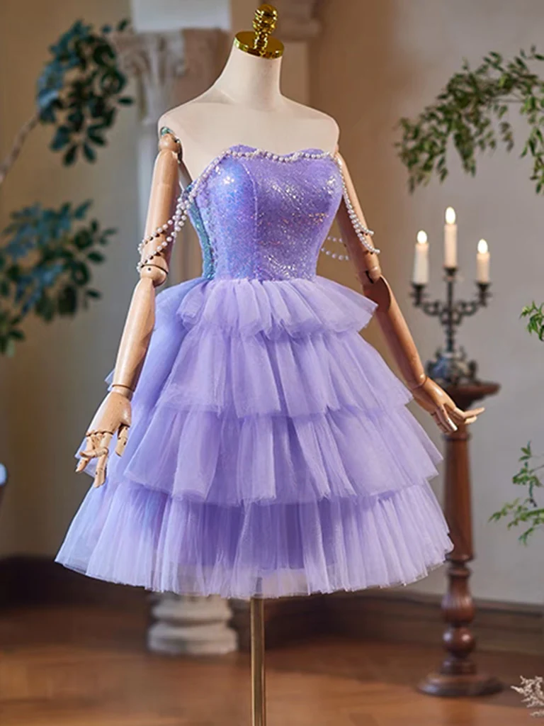 A-Line Tulle Sequin Purple Short Prom Dress, Purple Homecoming Dress - Deanwangkt