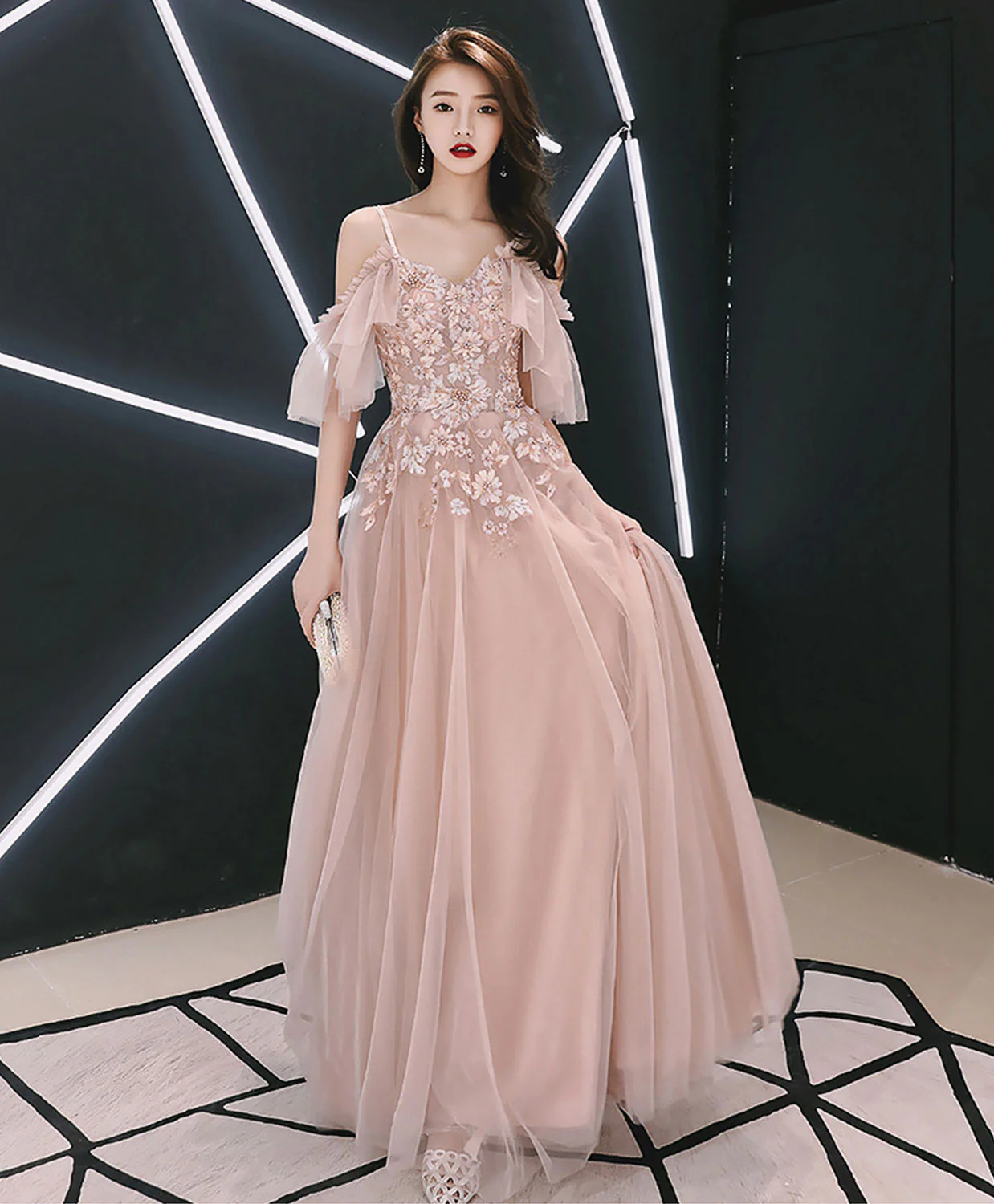 Pink Sweetheart Tulle Lace Applique Long Prom Dress, Evening Dress - Deanwangkt