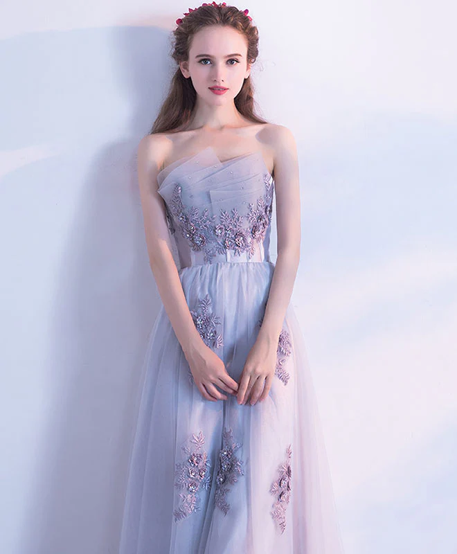 Gray Tulle Lace Long Prom Dress, Gray Tulle Evening Dress - Deanwangkt