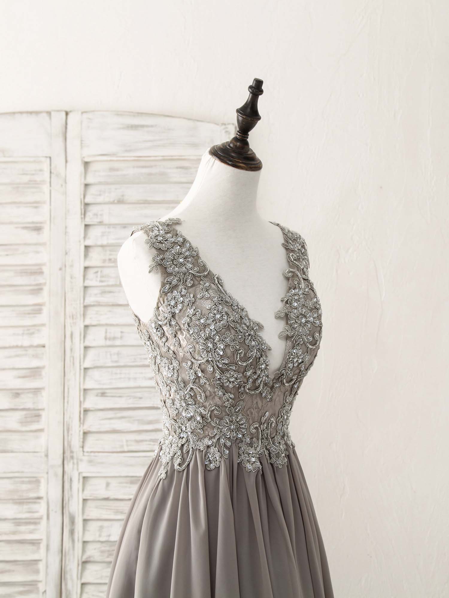 Cute V Neck Lace Chiffon Gray Short Prom Dress Gray Homecoming Dress - Deanwangkt