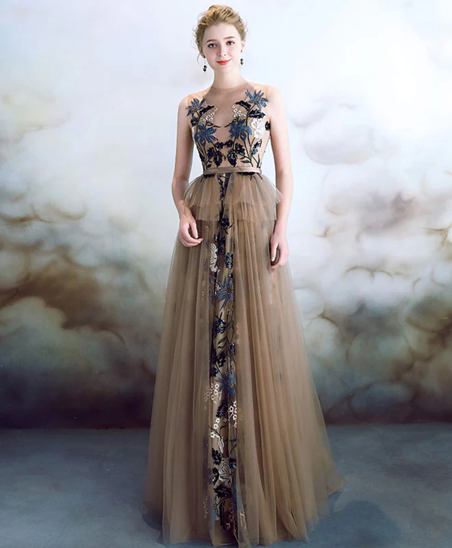Unique Tulle Lace Long Prom Dress, Lace Applique Evening Dress - Deanwangkt