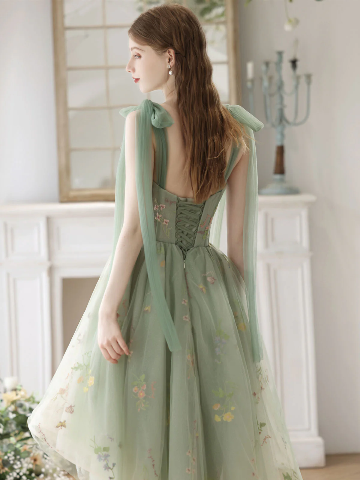A-Line High Low Green Lace Short Prom Dress, Green Lace Homecoming Dress - Deanwangkt