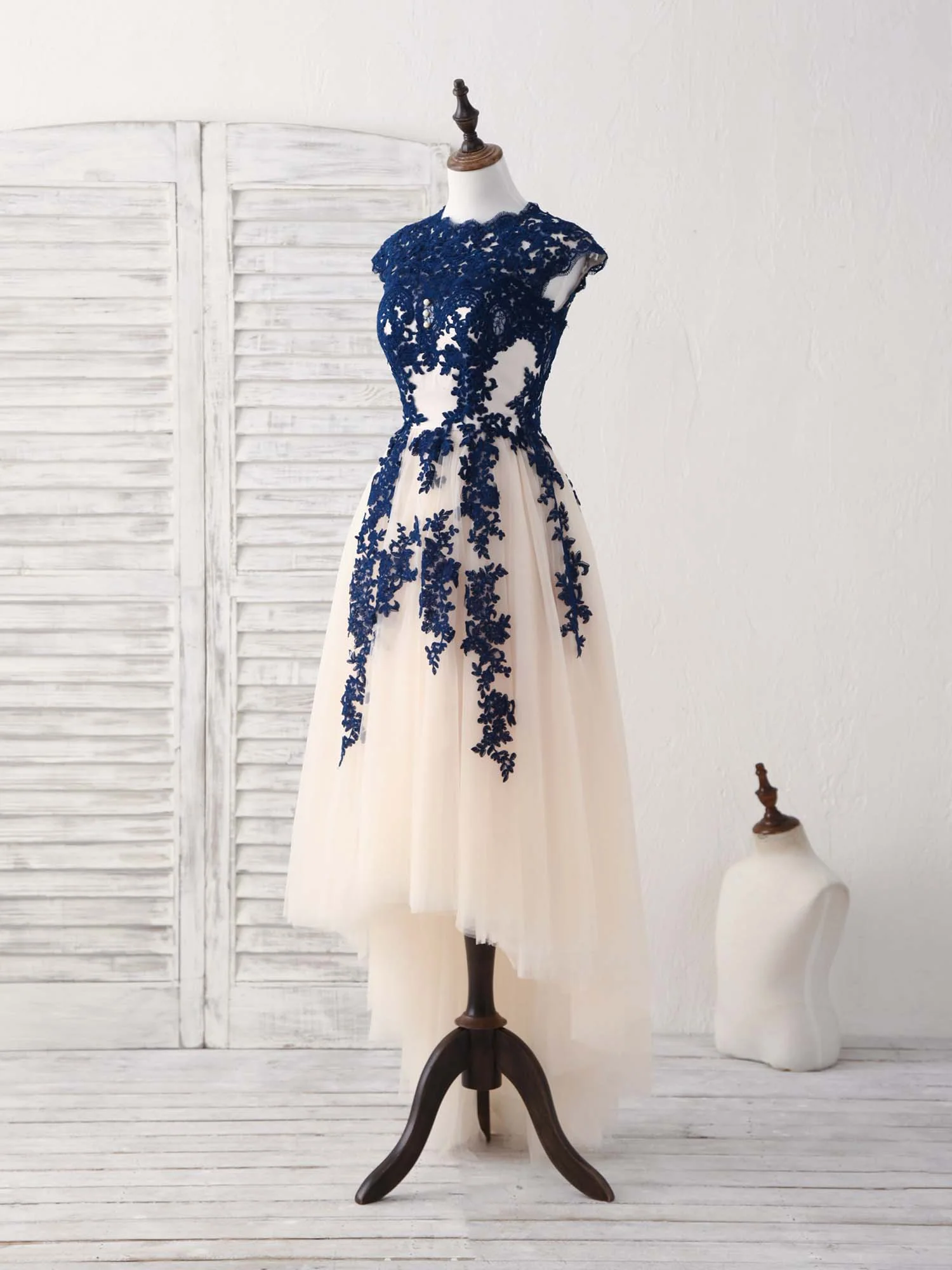 Dark Blue Lace Tulle High Low Prom Dress Blue Bridesmaid Dress - Deanwangkt