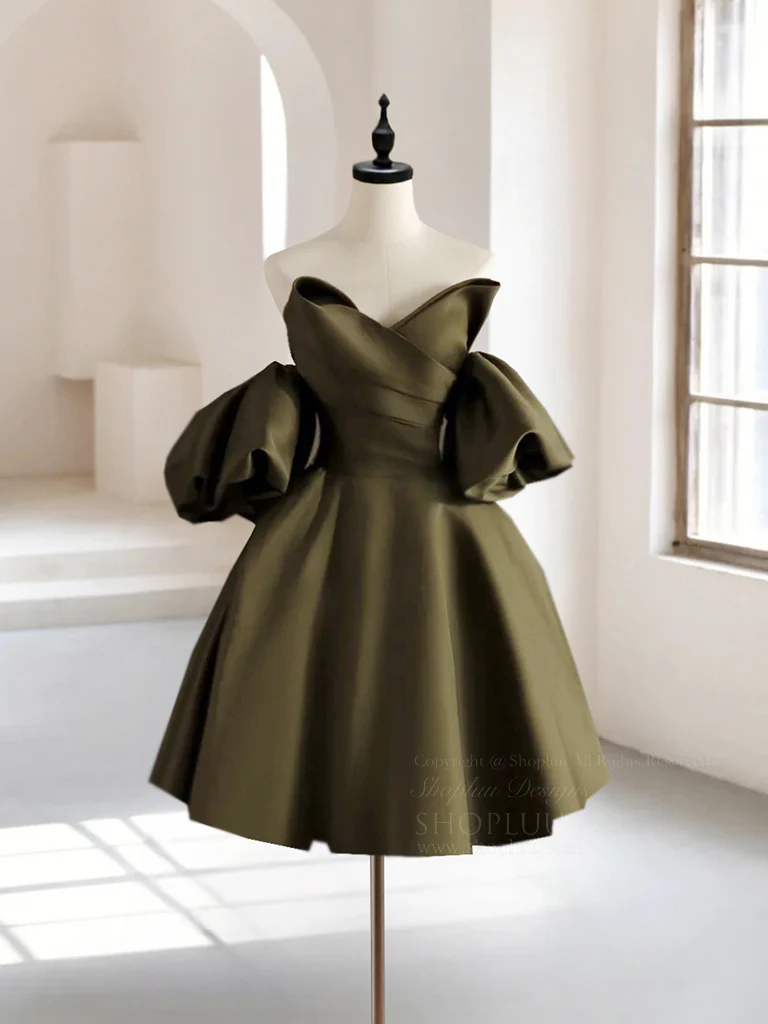 A-Line Puff Sleeves Olive Green Satin Short Prom Dress, Olive Green Homecoming Dress - Deanwangkt