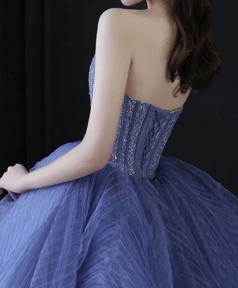 Blue Sweetheart Neck Tulle Beads Sequin Long Prom Dress,Blue Graduation Dress - Deanwangkt