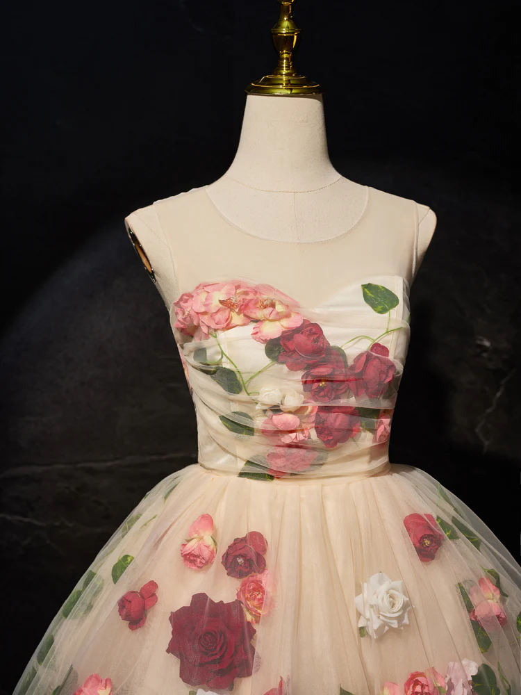 Unique Scoop Neckline Tulle Flower Champagne Short Prom Dress, Cute Formal Dress - Deanwangkt