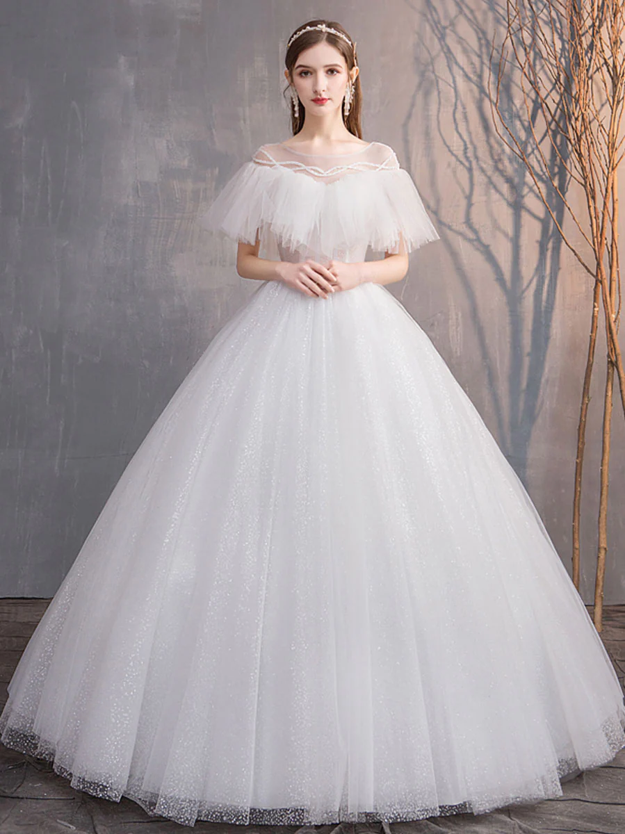 White Round Neck Tulle Long Wedding Dress, White Tulle Long Bridal Dress - Deanwangkt