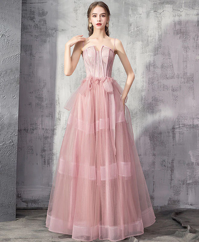 Pink Tulle Lace Long Prom Dress, Pink Evening Graduation Dress - Deanwangkt