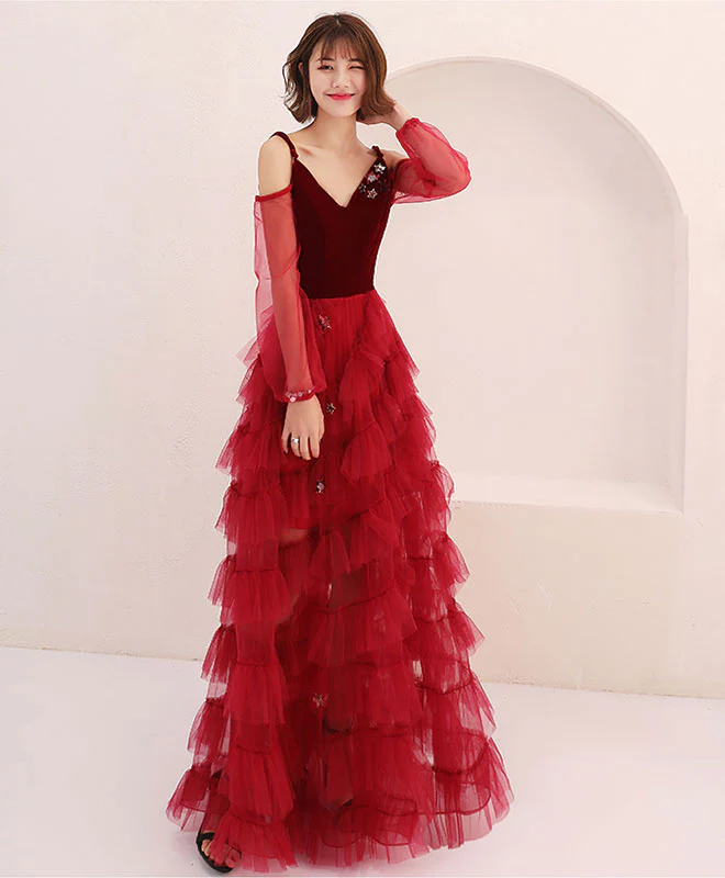 Burgundy Tulle Off Shoulder Long Prom Dress, Burgundy Evening Dress - Deanwangkt