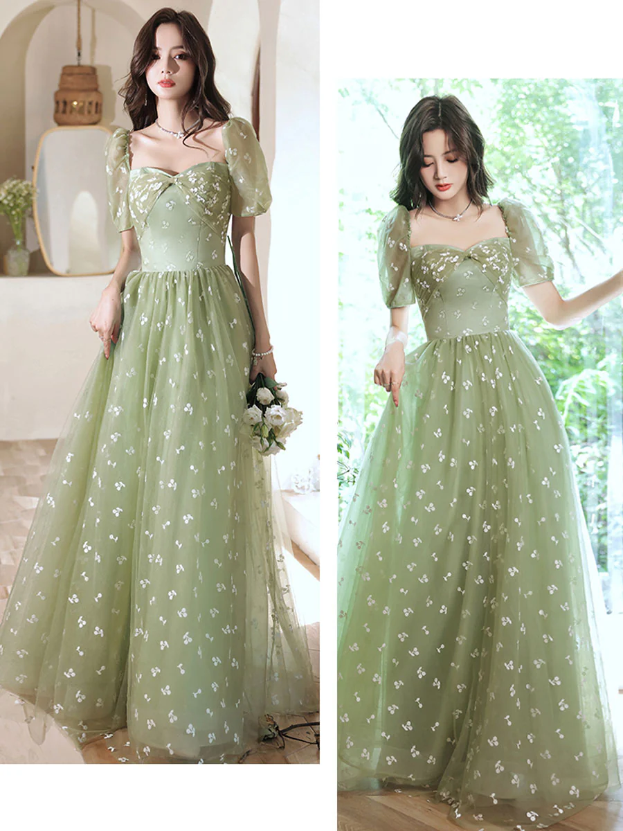 Green Tulle Long Prom Dress, Green A line Formal Graduation Dresses - Deanwangkt