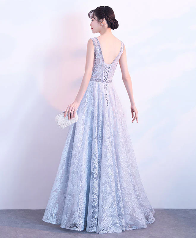 Gray V Neck Lace Long Prom Dress, Gray Evening Dress - Deanwangkt