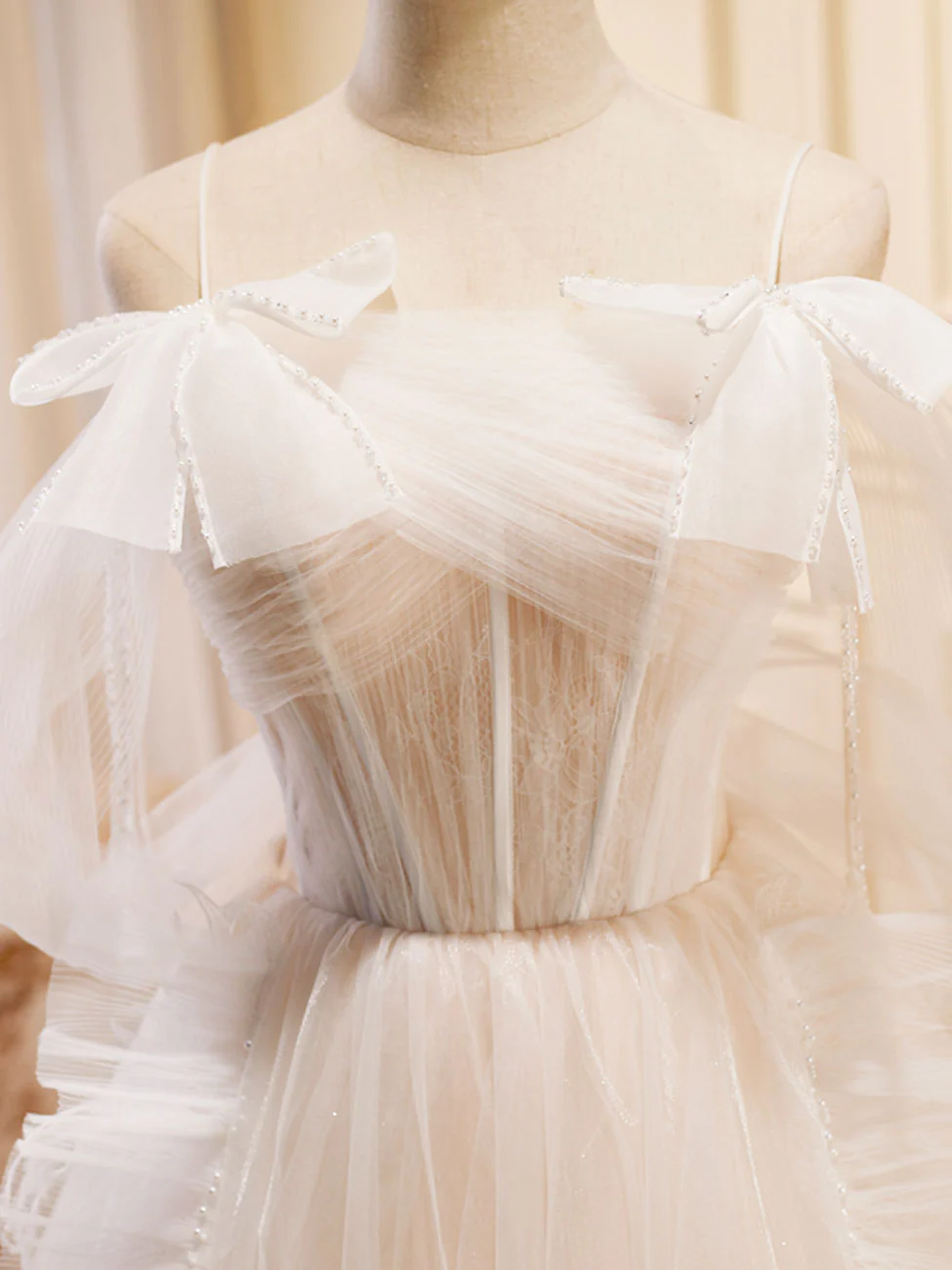 A-Line Light Champagne Long Prom Dresses, Light Champagne Lace Formal Dresses - Deanwangkt
