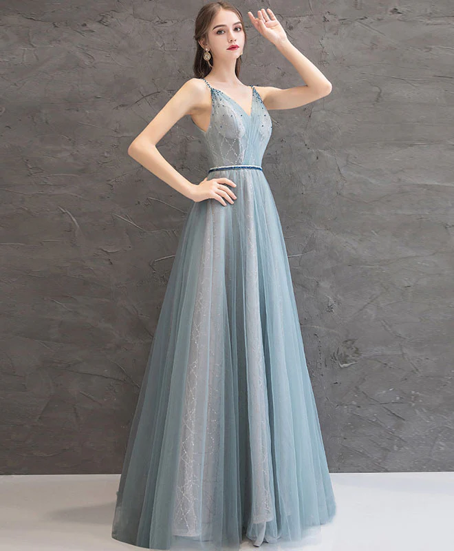 Gray Blue V Neck Tulle Long Prom Dress Gray Blue Evening Dress - Deanwangkt