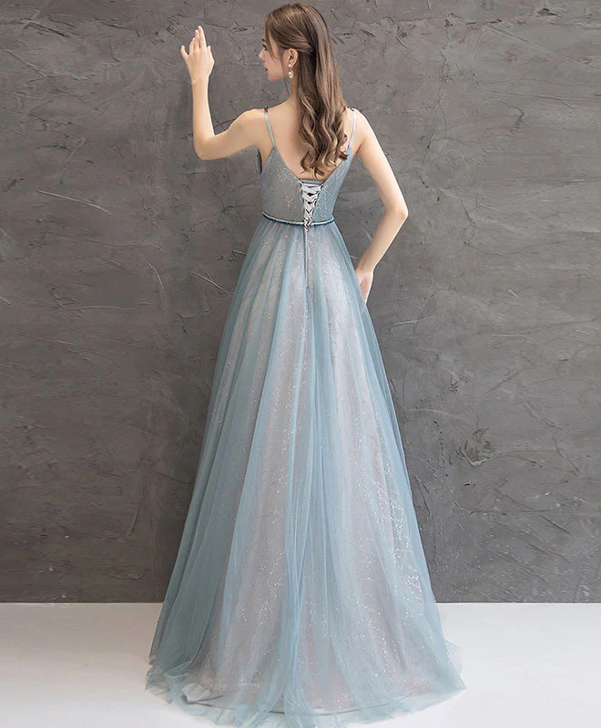 Gray Blue V Neck Tulle Long Prom Dress Gray Blue Evening Dress - Deanwangkt