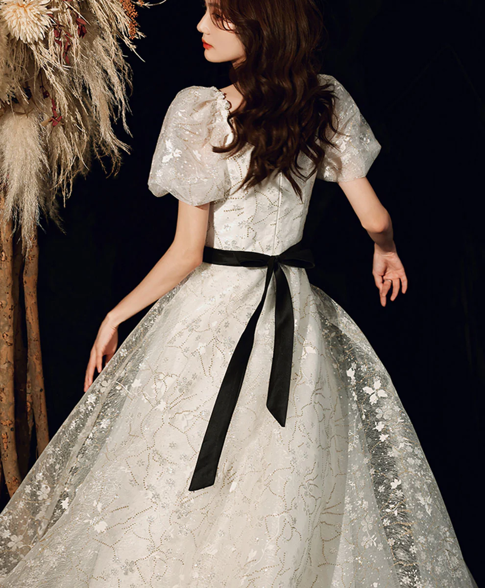 A line White Tulle Lace Sequin Long Prom Dress, White Formal Graduation Party Dress - Deanwangkt