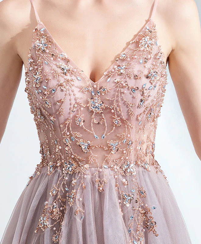 Unique V Neck Tulle Beads Long Prom Dress Tulle Formal Dress - Deanwangkt