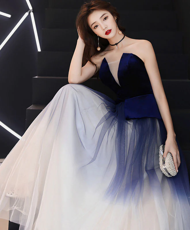 Unique Tulle Dark Blue Long Prom Dress, Tulle Evening Dress - Deanwangkt