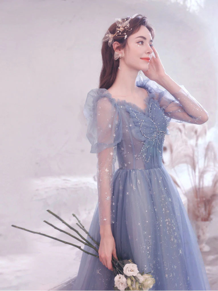 Blue Tulle Lace Long Prom Dress, Blue Tulle Formal Graduation Dresses - Deanwangkt