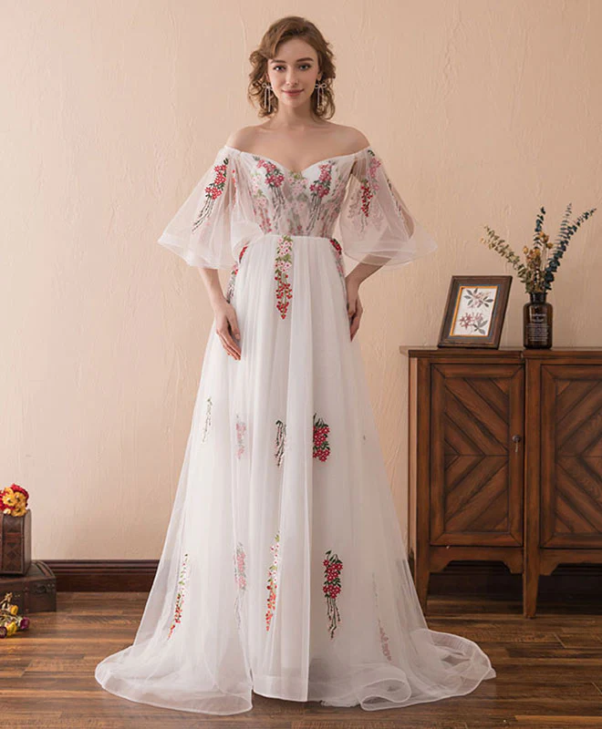 White V Neck Tulle Lace Long Prom Dress, White Evening Dress - Deanwangkt