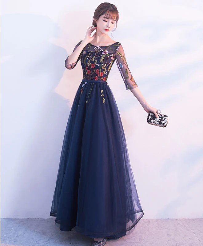 Dark Blue Tulle Lace Long Prom Dress, Blue Evening Dress - Deanwangkt