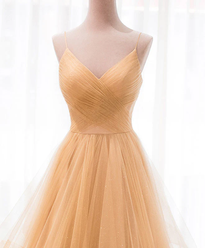 Unique V Neck Tulle A-Line Long Prom Dress Tulle Formal Dress - Deanwangkt