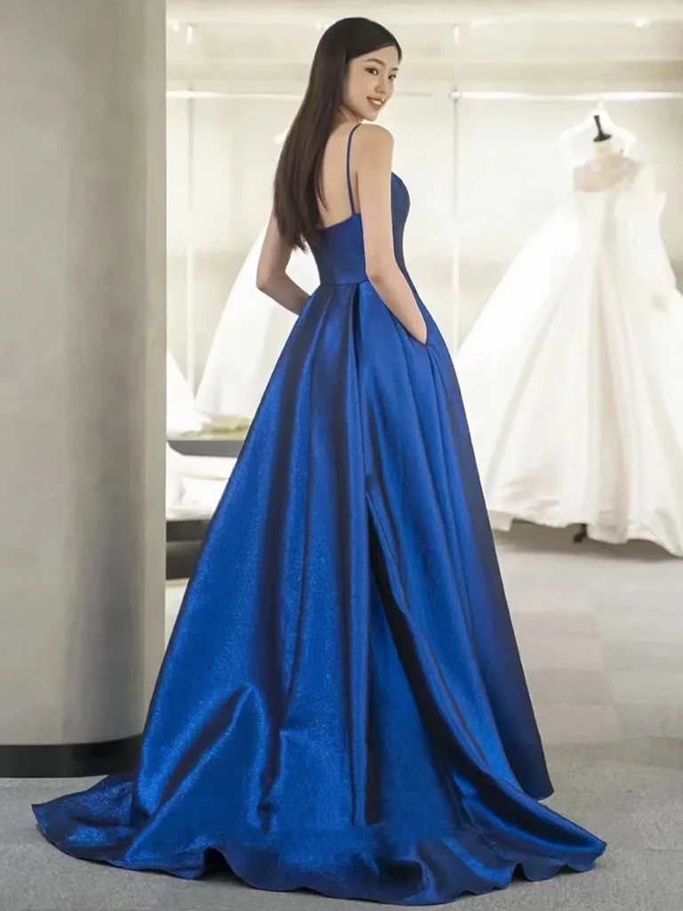 A-Line Sweetheart Neck Satin Blue Long Prom Dress, Blue Long Formal Dress - Deanwangkt