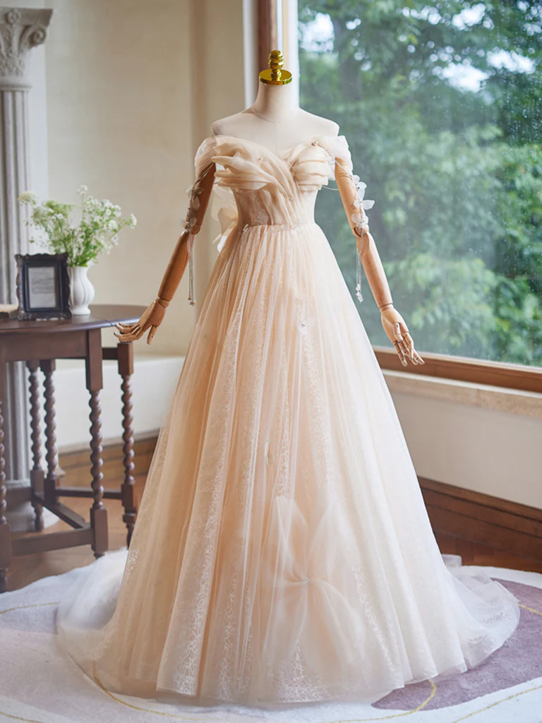 A-Line Off Shoulder Tulle Beads Champagne Long Prom Dress - Deanwangkt